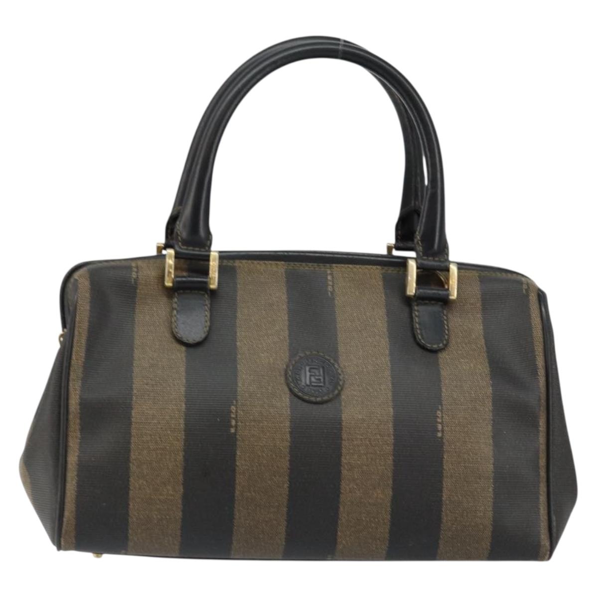 FENDI Pecan Canvas Hand Bag PVC Black Brown Auth 146279