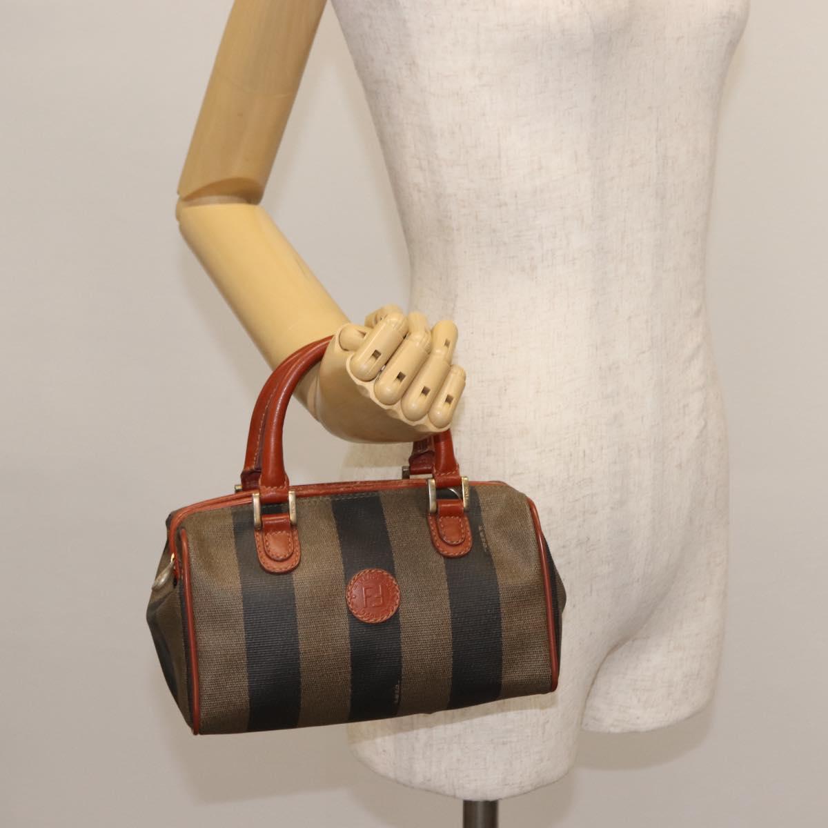 FENDI Pecan Canvas Hand Bag PVC Black Brown Auth 146281