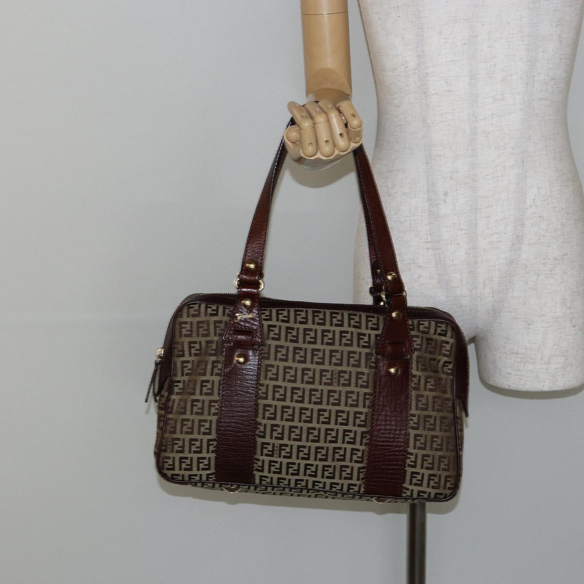 FENDI Zucchino Canvas Tote Bag Brown Gold Auth 146282