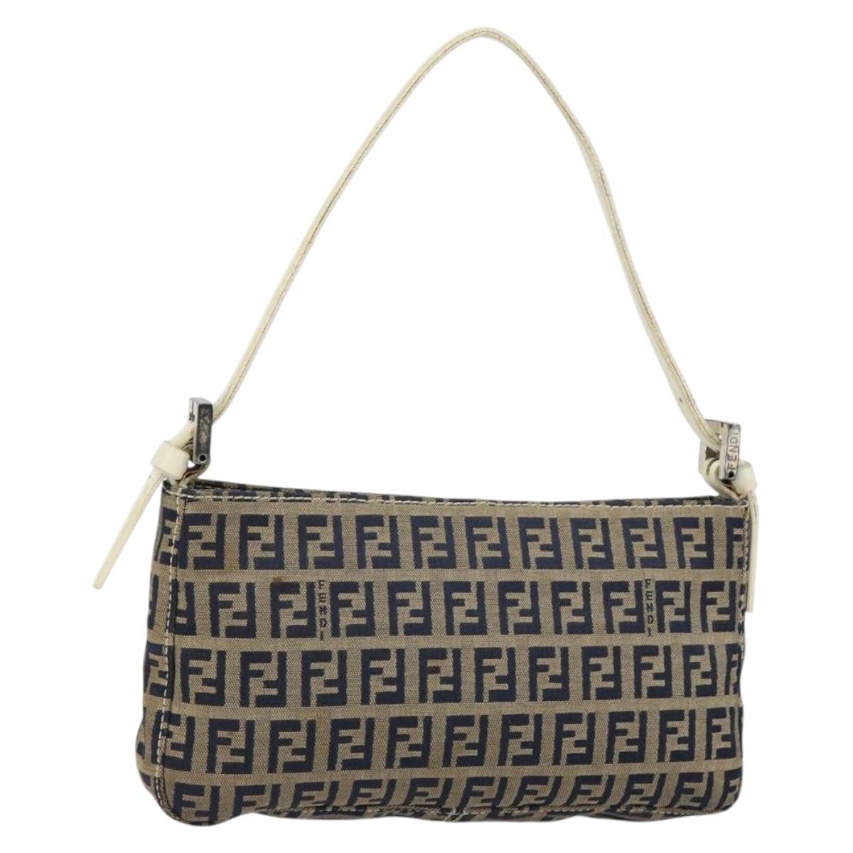 FENDI Zucchino Canvas Accessory Pouch Navy Silver Auth 146283
