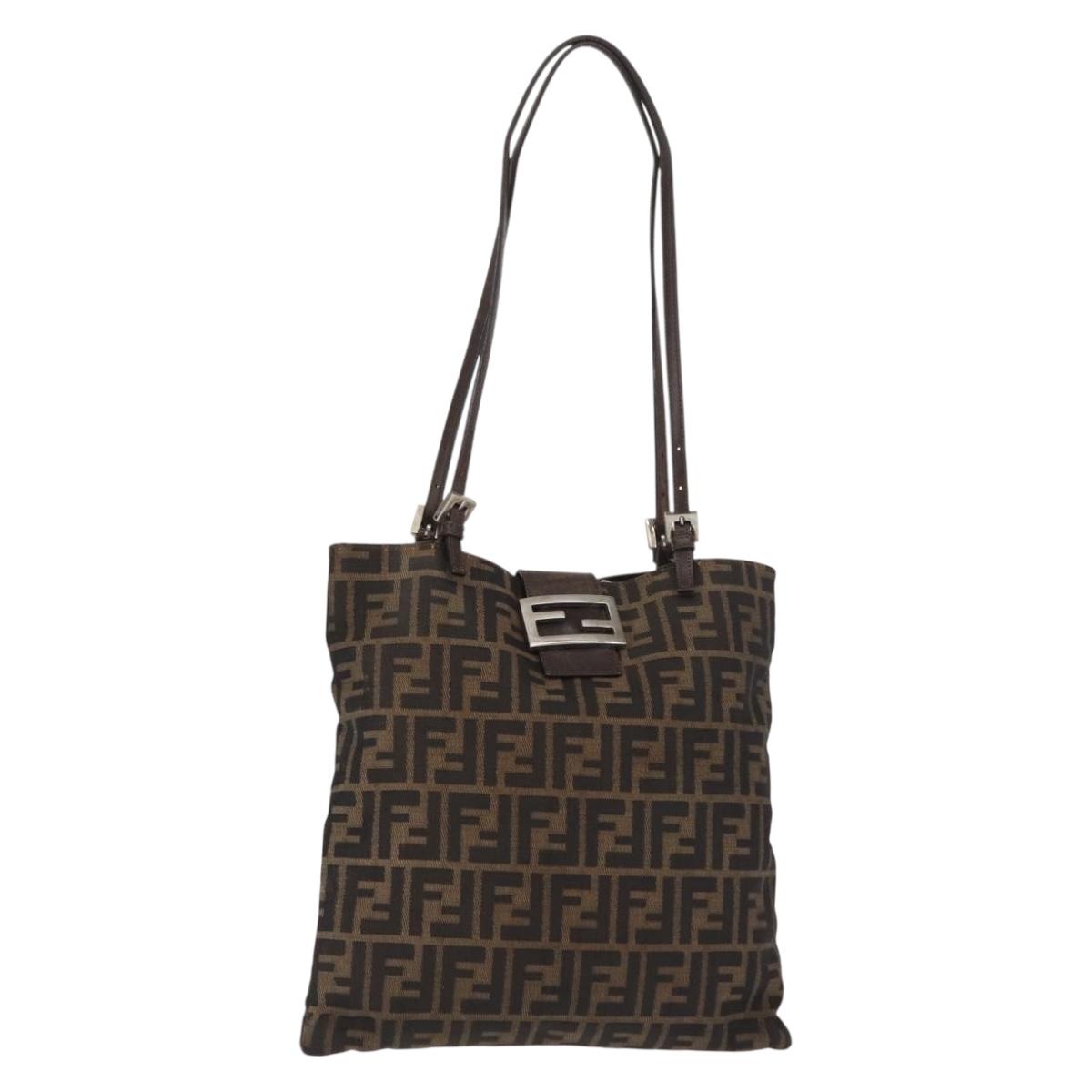 FENDI Zucca Canvas Mamma Baguette Tote Bag Black Brown Auth 146284