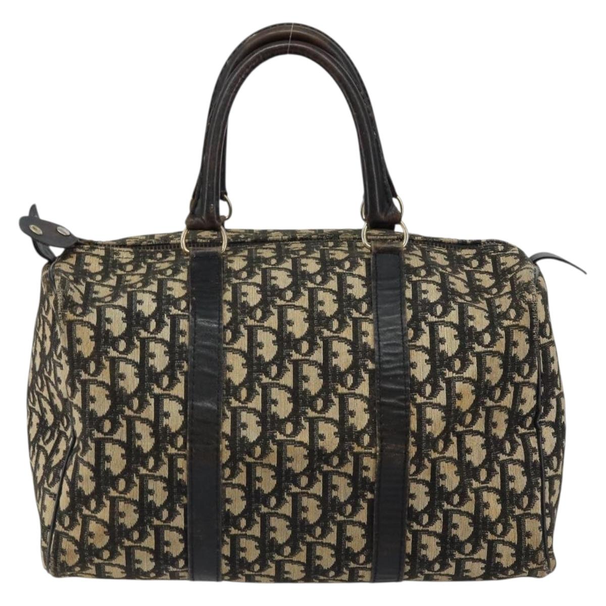 Christian Dior Trotter Canvas Boston Bag Navy Gold Auth 146290