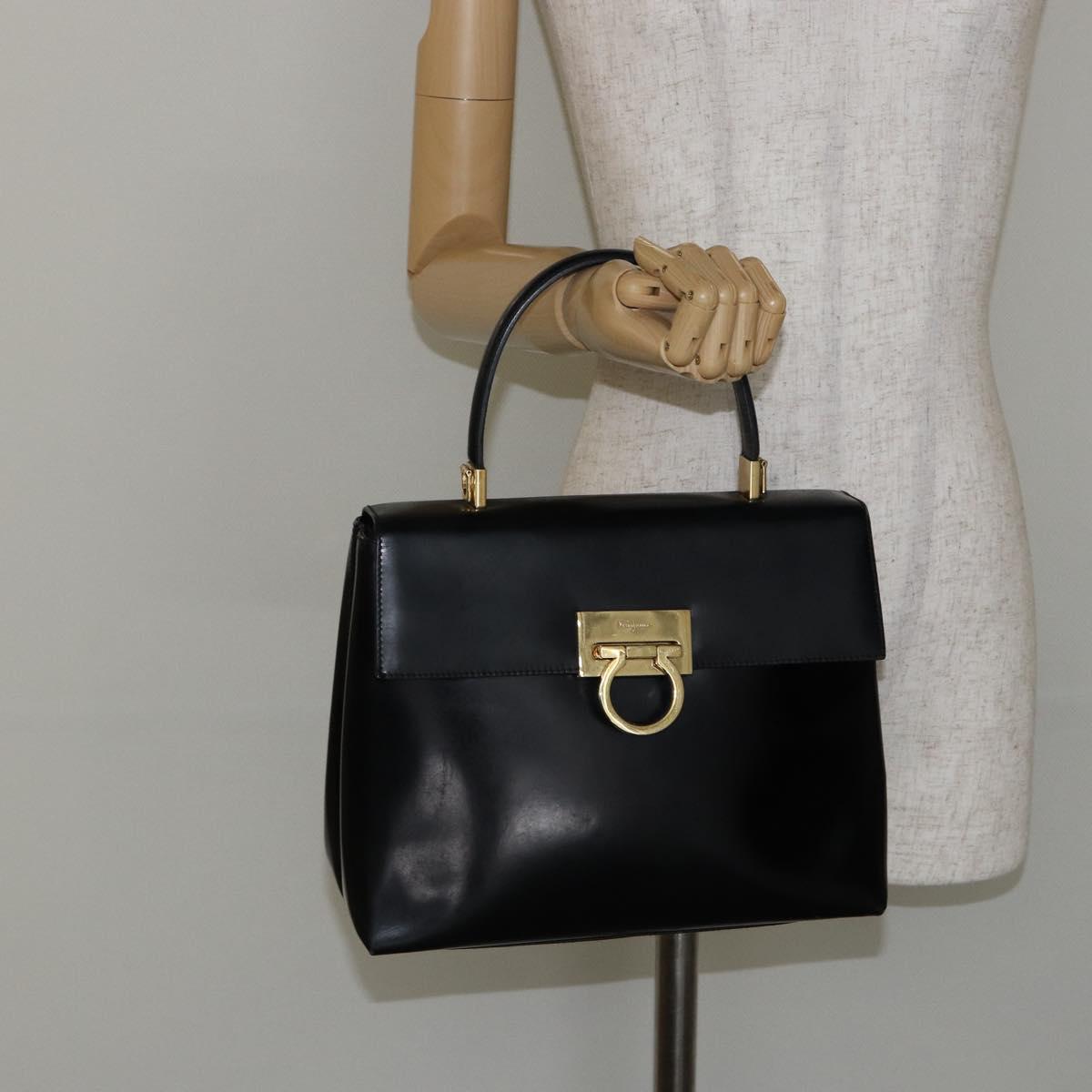 Salvatore Ferragamo Gancini Hand Bag Enamel 2way Black Gold Auth 146337
