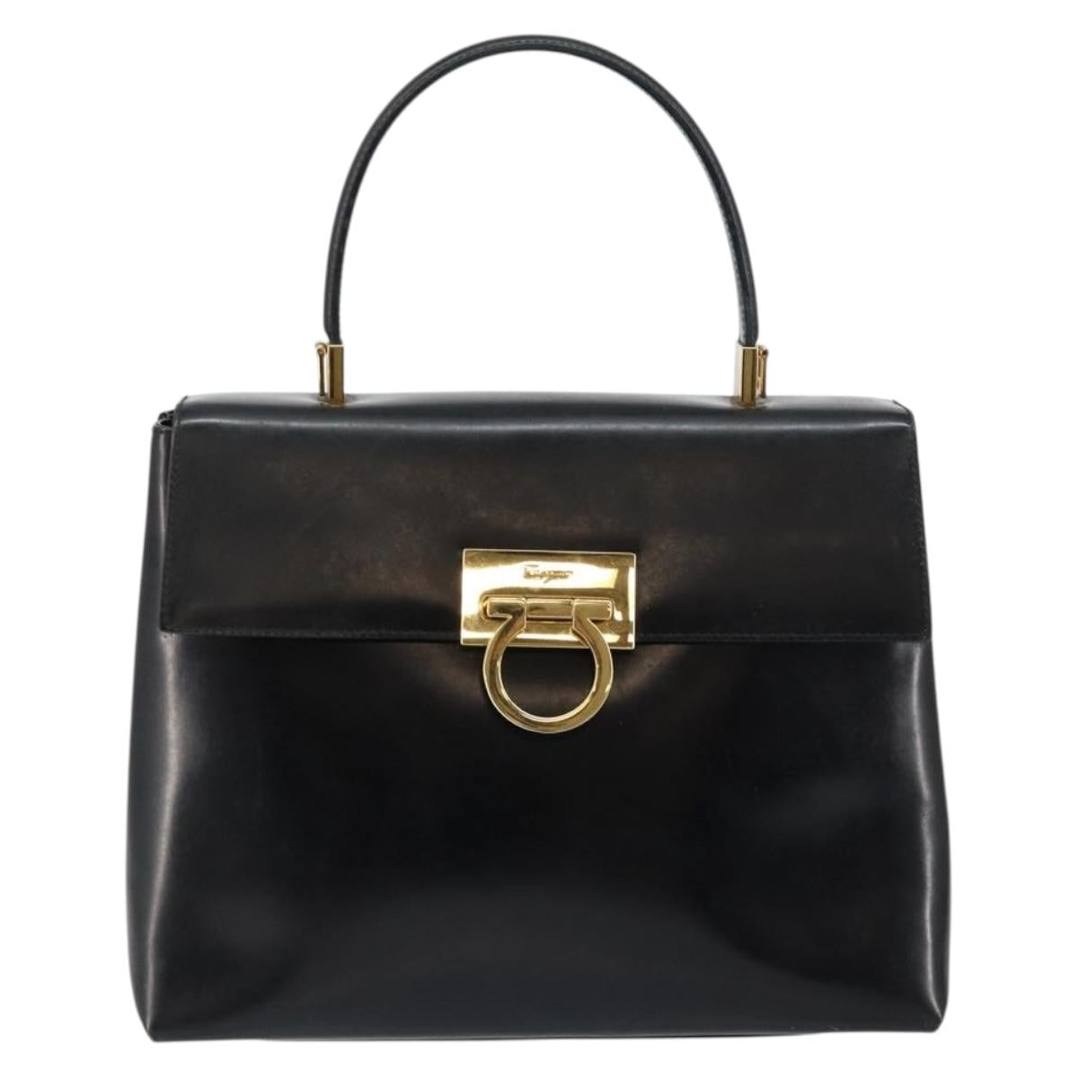 Salvatore Ferragamo Gancini Hand Bag Enamel 2way Black Gold Auth 146337