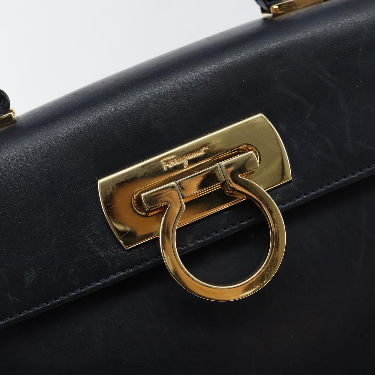 Salvatore Ferragamo Gancini Hand Bag Leather Navy Gold Auth 146338