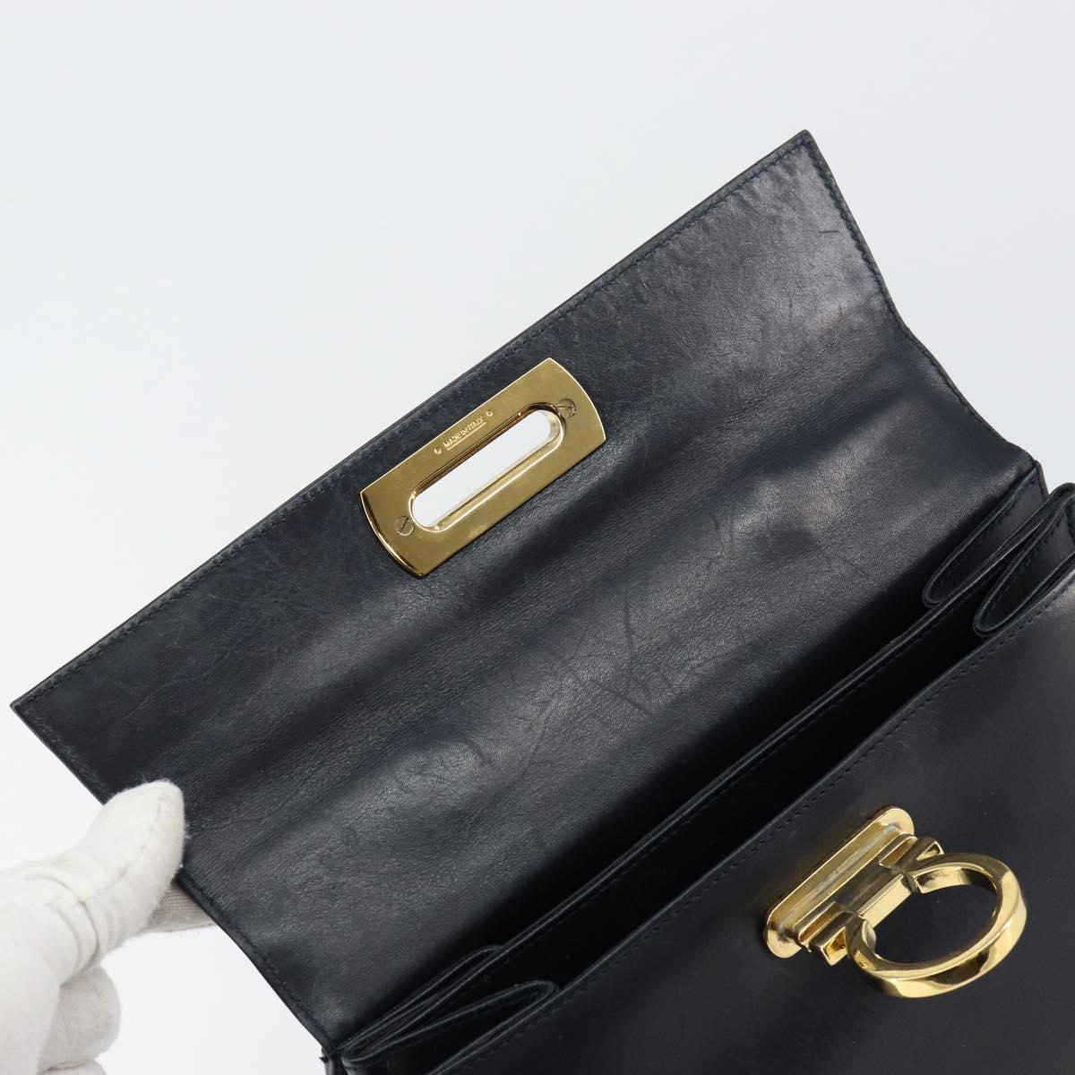 Salvatore Ferragamo Gancini Hand Bag Leather Navy Gold Auth 146338