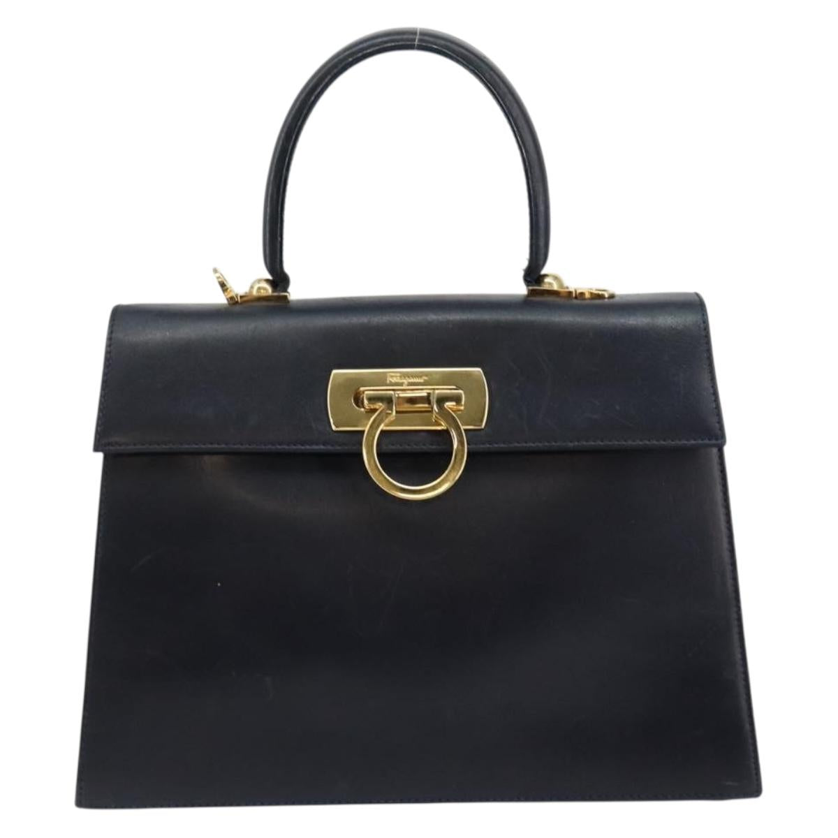 Salvatore Ferragamo Gancini Hand Bag Leather Navy Gold Auth 146338