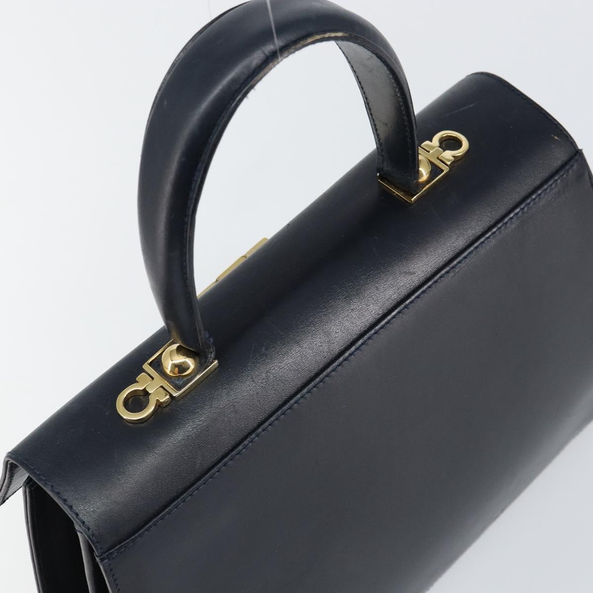 Salvatore Ferragamo Gancini Hand Bag Leather Navy Gold Auth 146338