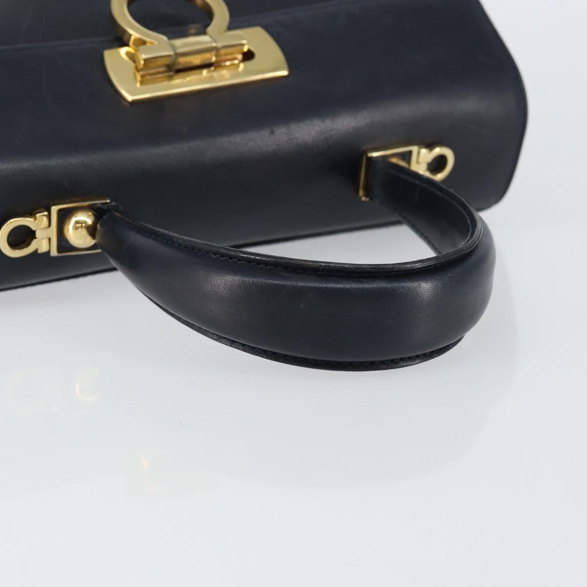 Salvatore Ferragamo Gancini Hand Bag Leather Navy Gold Auth 146338