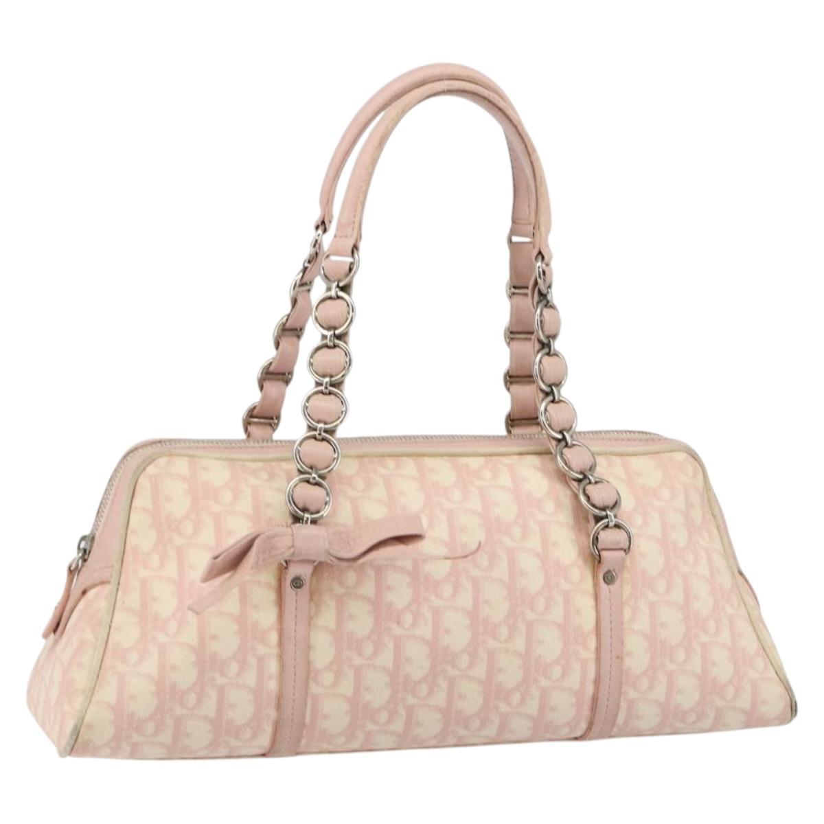 Christian Dior Trotter Canvas Romantic Chain Bag PVC Pink Silver Auth 146343