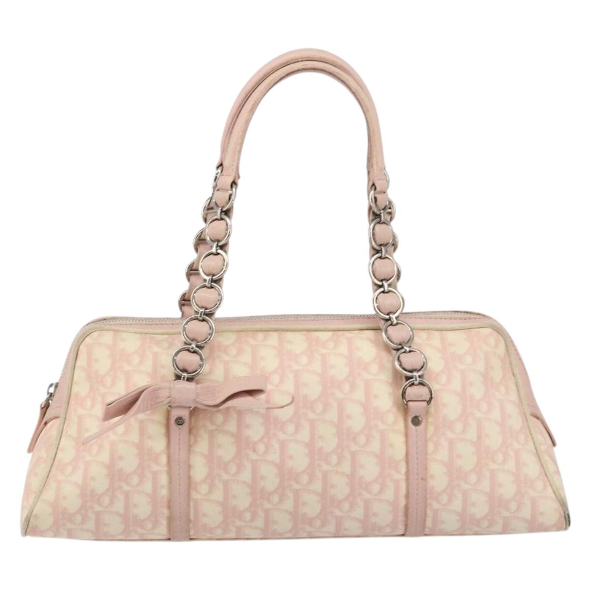 Christian Dior Trotter Canvas Romantic Chain Bag PVC Pink Silver Auth 146343