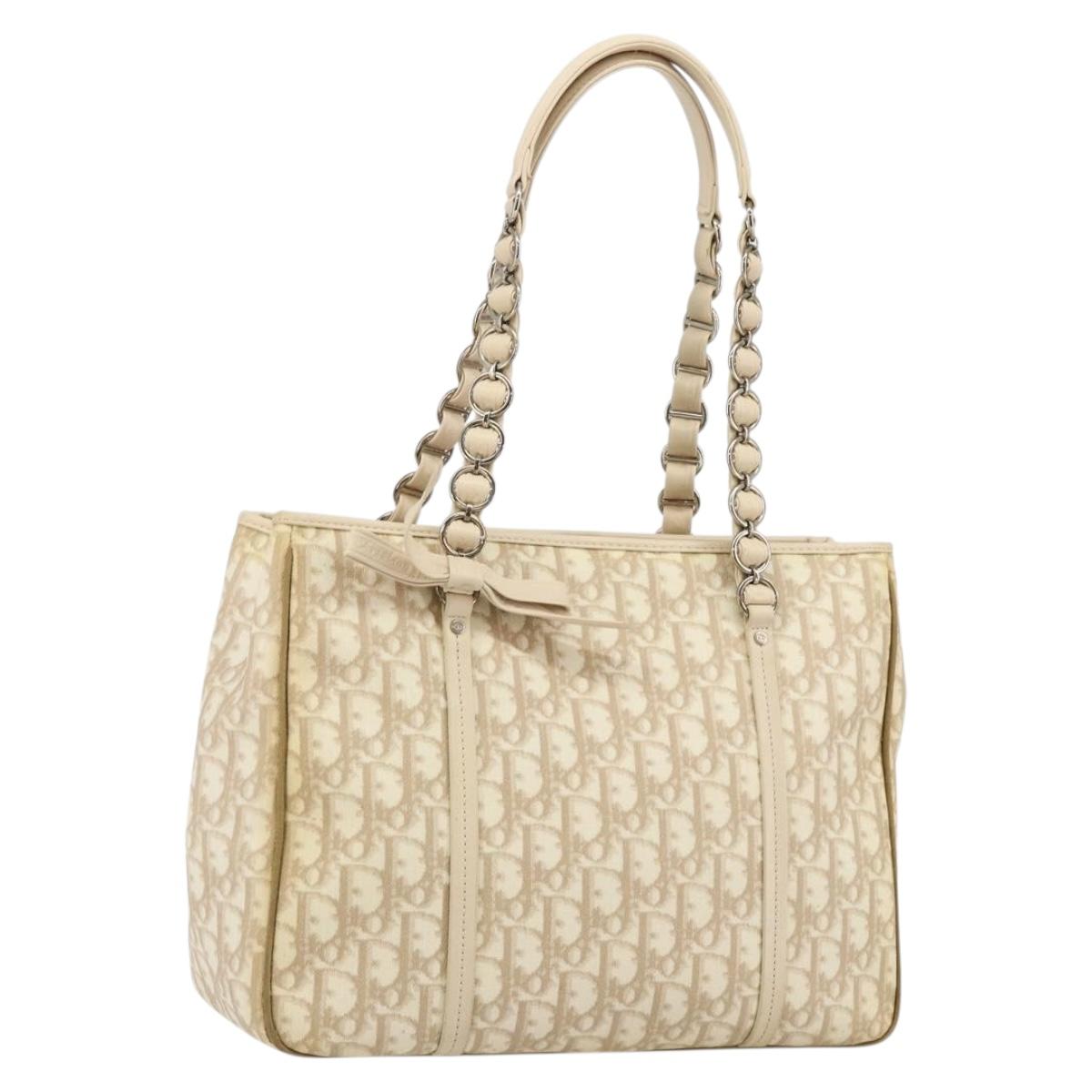 Christian Dior Trotter Canvas Romantic Chain Bag PVC Beige Silver Auth 146344