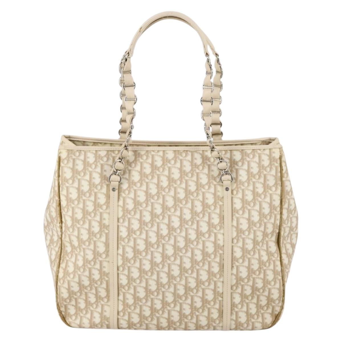 Christian Dior Trotter Canvas Romantic Chain Bag PVC Beige Silver Auth 146345