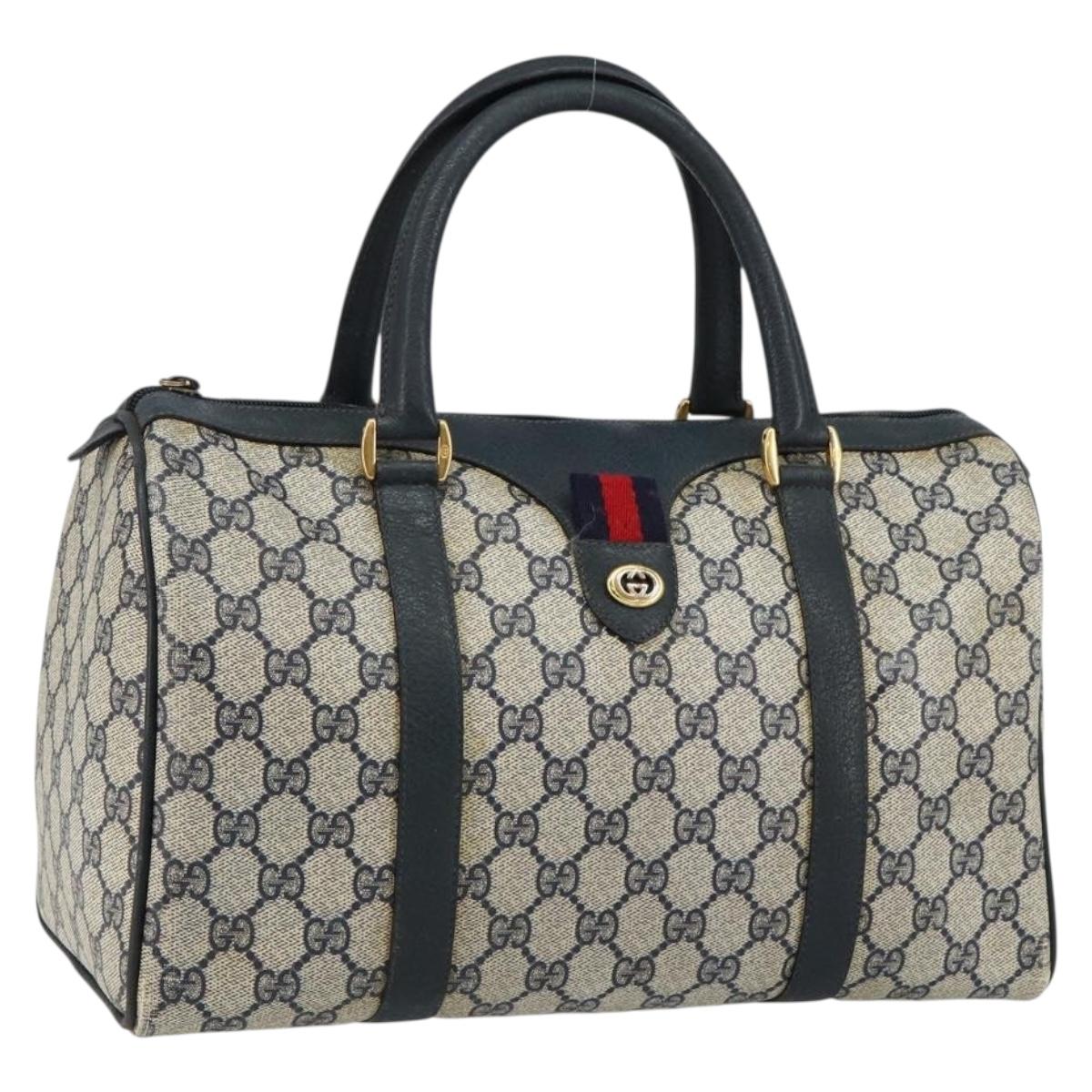 GUCCI GG Supreme Sherry Line Boston Bag PVC Navy Gold 40 02 007 Auth 146348