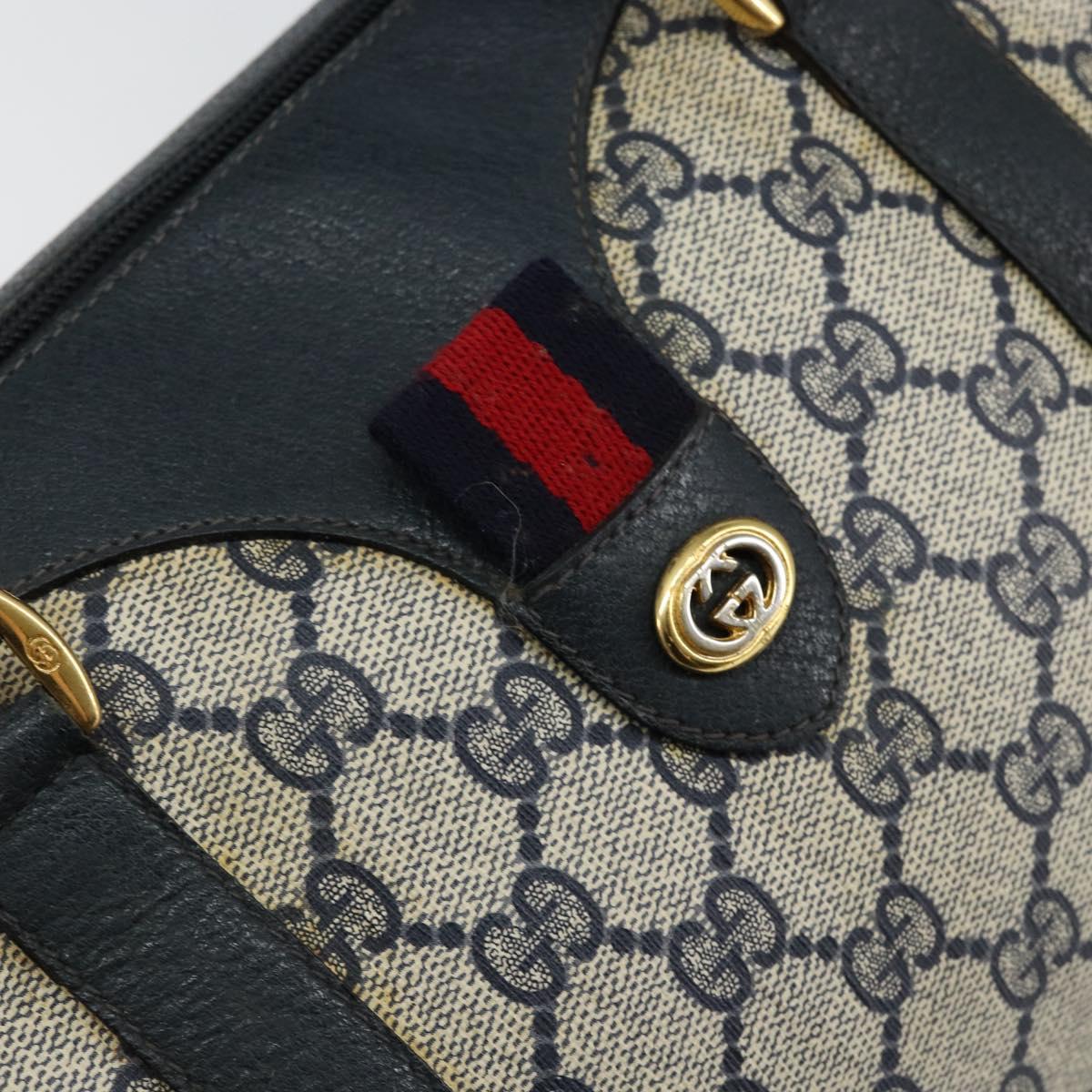 GUCCI GG Supreme Sherry Line Boston Bag PVC Navy Gold 40 02 007 Auth 146348