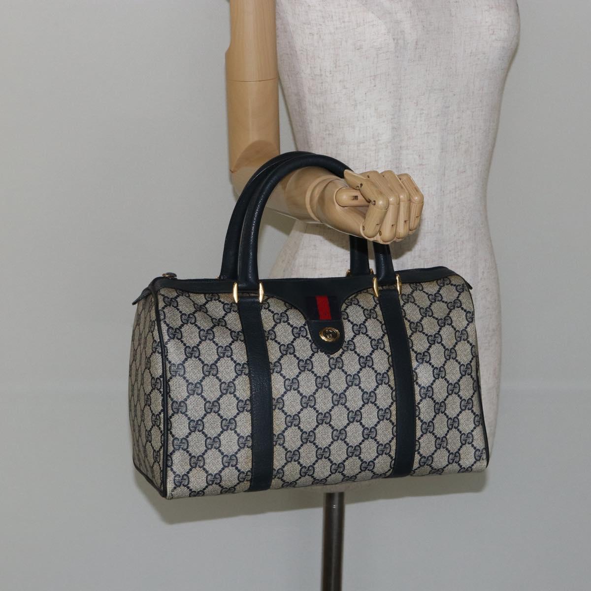 GUCCI GG Supreme Sherry Line Boston Bag PVC Navy Gold 40 02 007 Auth 146348