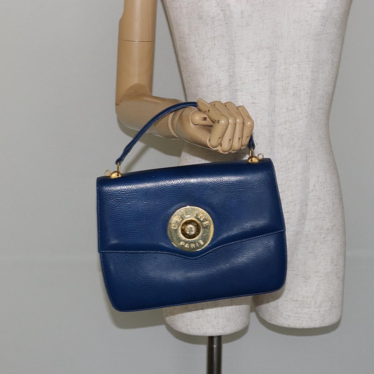 CELINE Hand Bag Leather Blue Gold Auth 146349