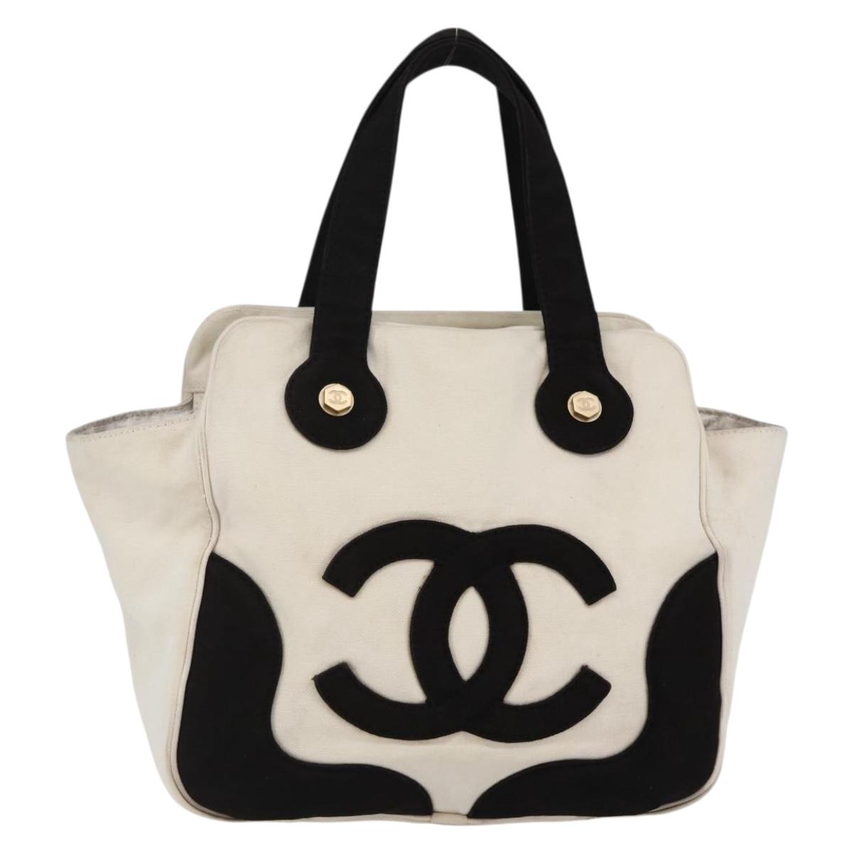 CHANEL marshmallow COCO Mark Hand Bag Canvas White Black CC Auth 146352