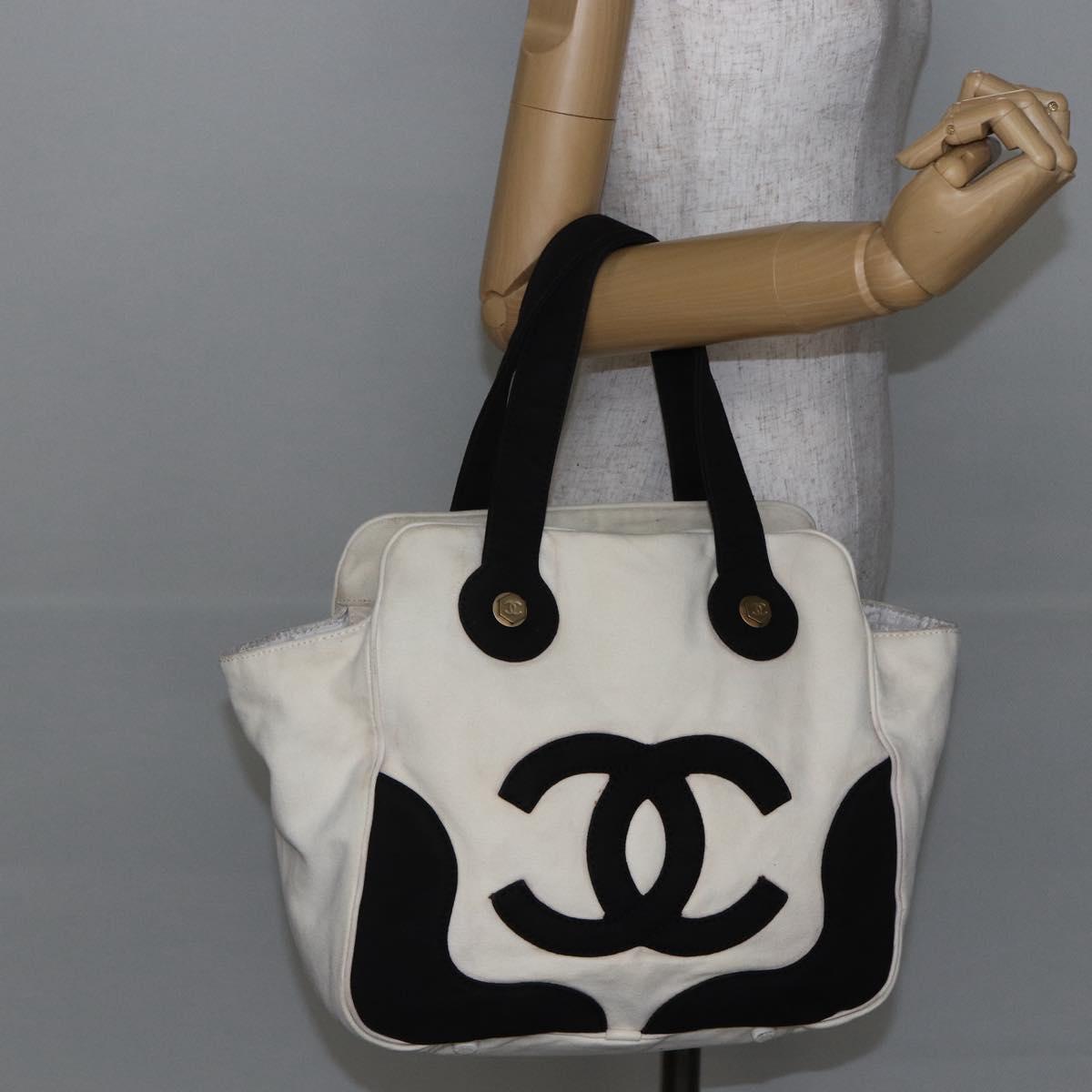 CHANEL marshmallow COCO Mark Hand Bag Canvas White Black CC Auth 146352