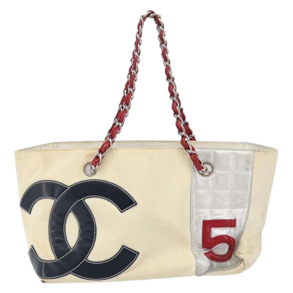 CHANEL Choco Bar Chain Tote Bag No5 Canvas White Silver CC Auth 146353