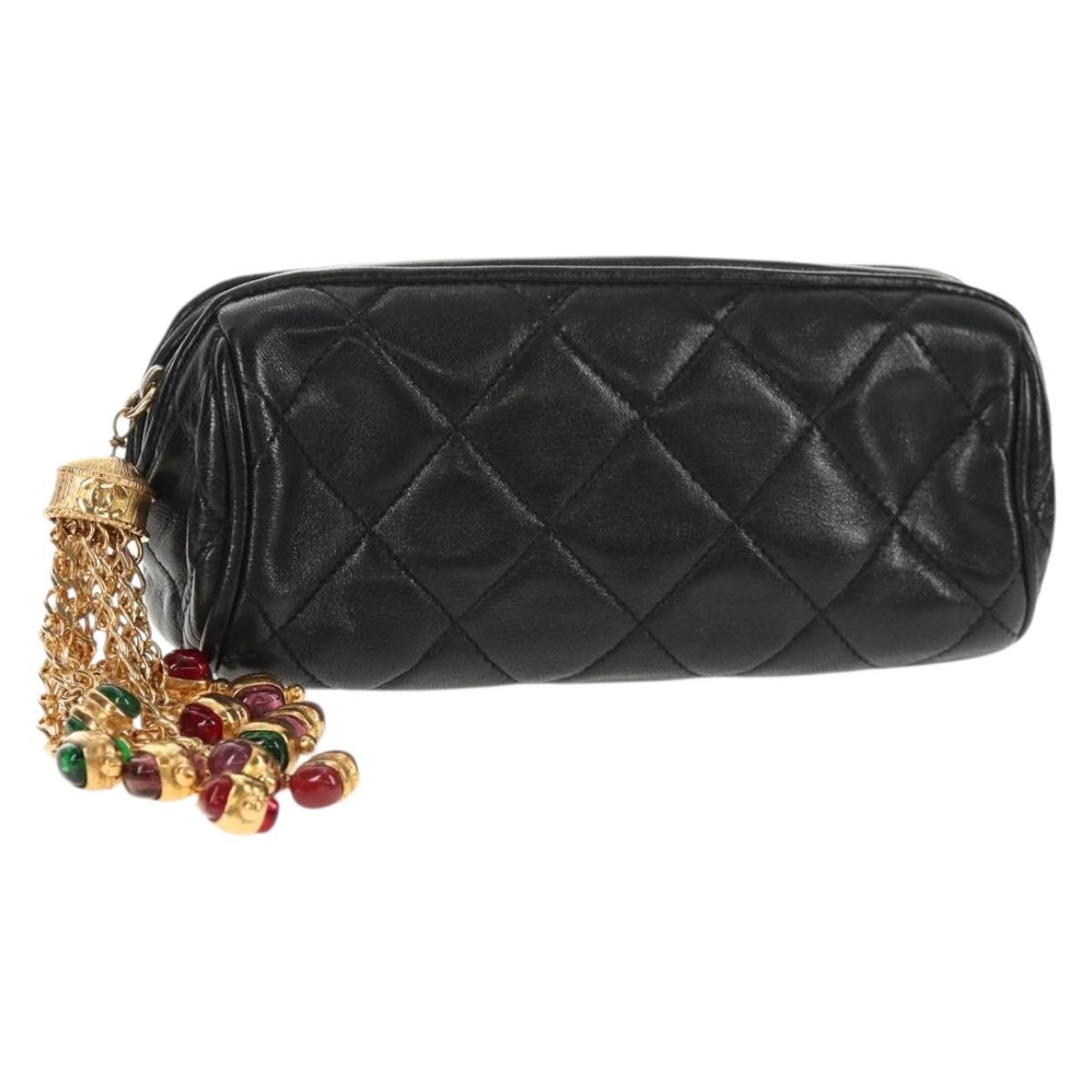 CHANEL Matelasse Gribois Pouch Lamb Skin Black Gold CC Auth 146354V