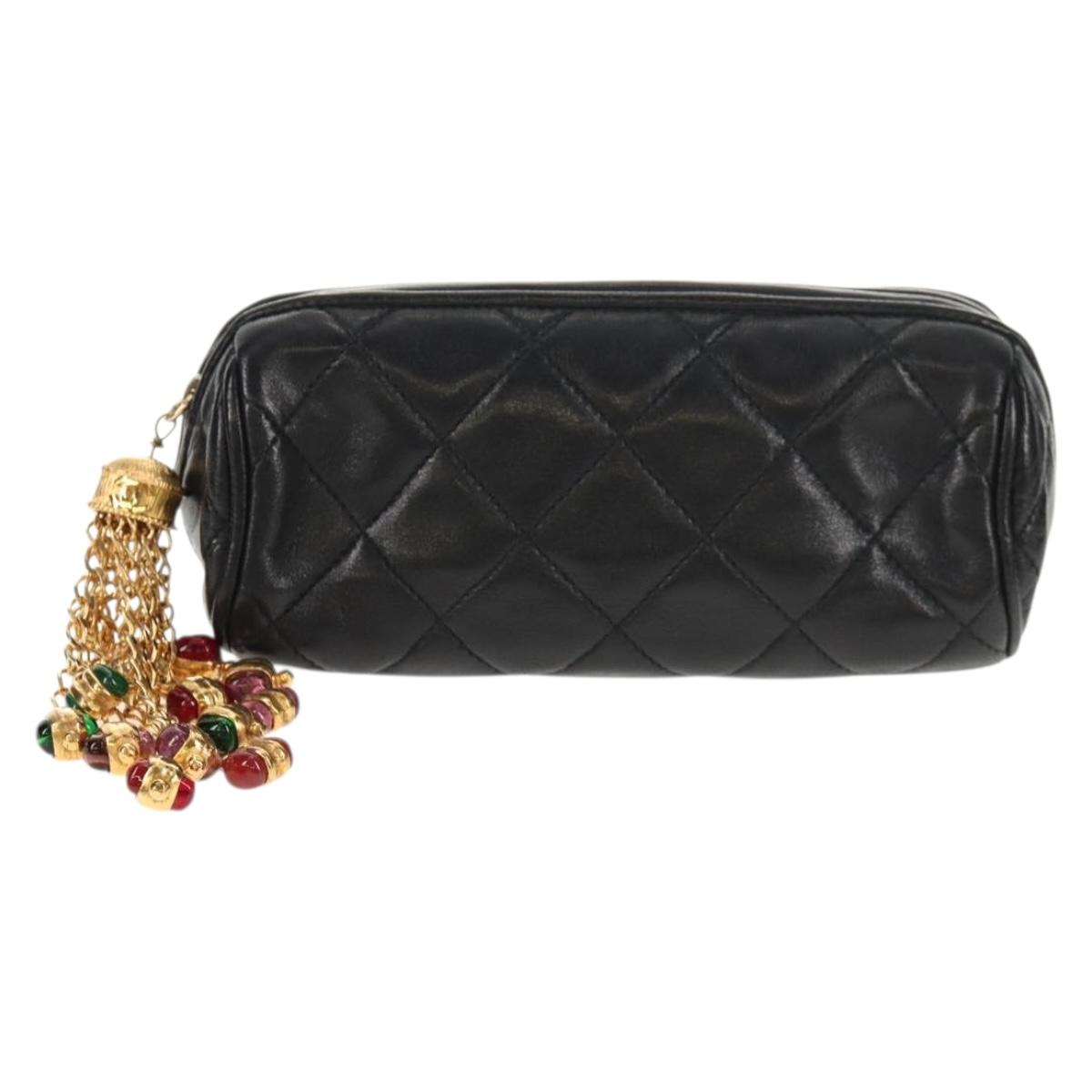 CHANEL Matelasse Gribois Pouch Lamb Skin Black Gold CC Auth 146354V