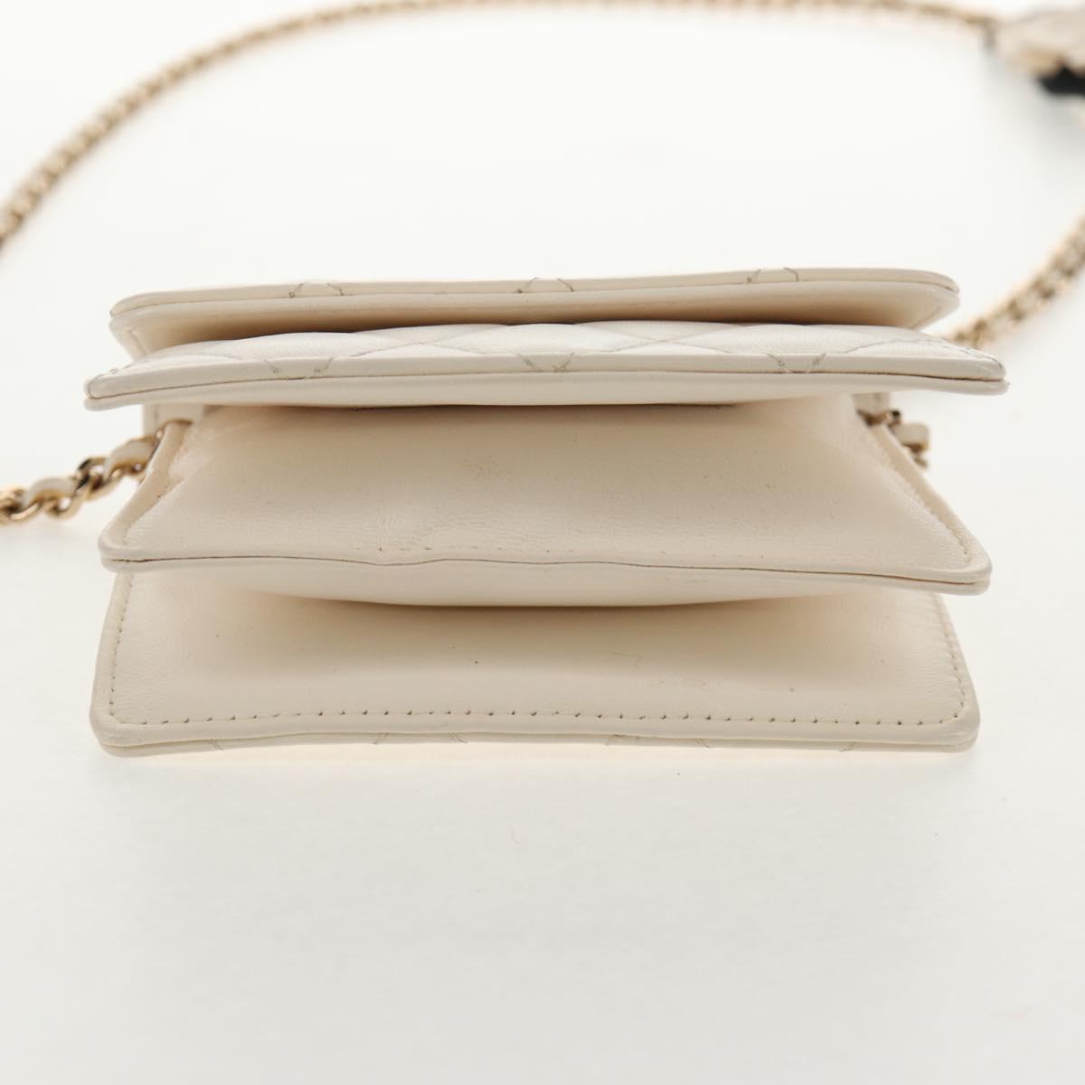 CHANEL Matelasse Camellia Chain Pouch Lamb Skin White Gold CC Auth 146359V