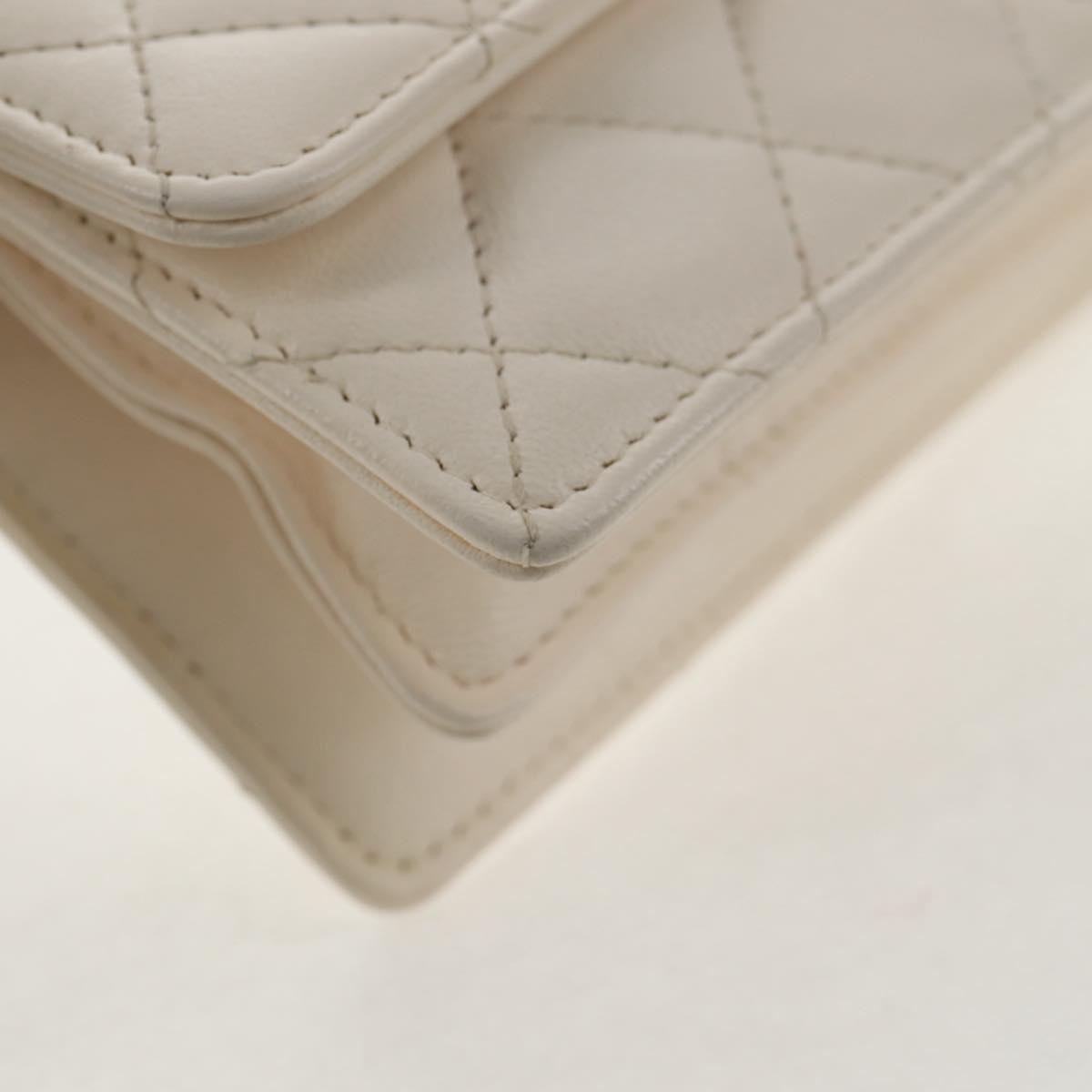 CHANEL Matelasse Camellia Chain Pouch Lamb Skin White Gold CC Auth 146359V