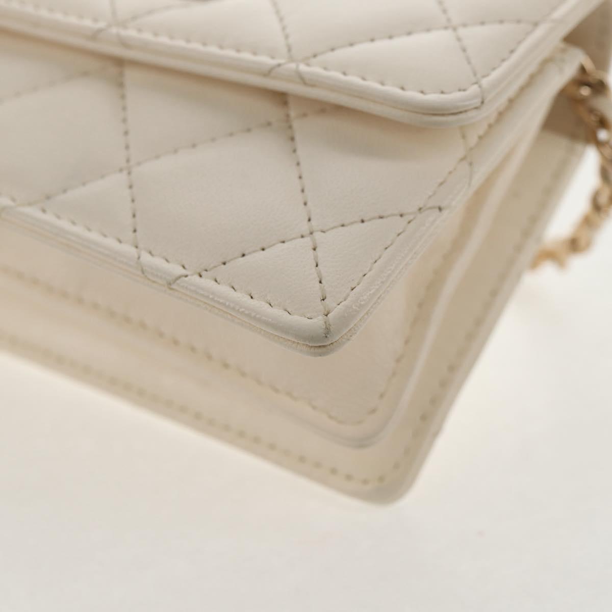 CHANEL Matelasse Camellia Chain Pouch Lamb Skin White Gold CC Auth 146359V