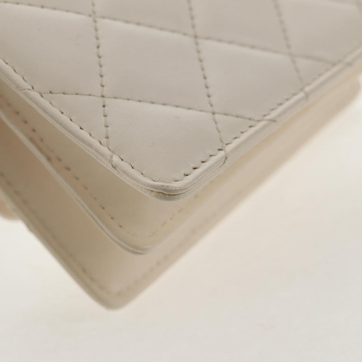 CHANEL Matelasse Camellia Chain Pouch Lamb Skin White Gold CC Auth 146359V
