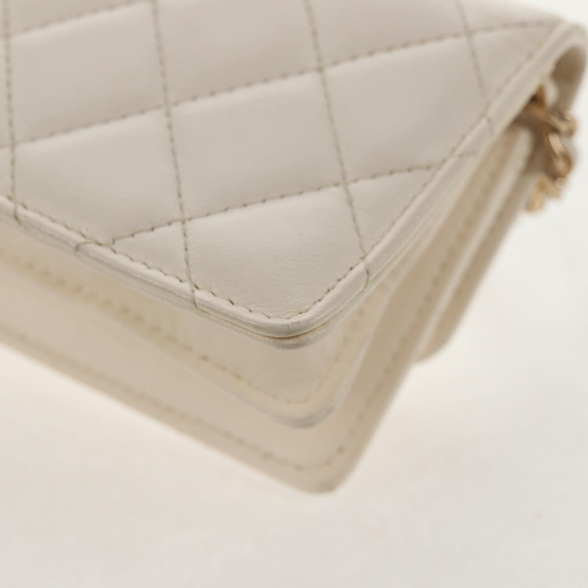 CHANEL Matelasse Camellia Chain Pouch Lamb Skin White Gold CC Auth 146359V