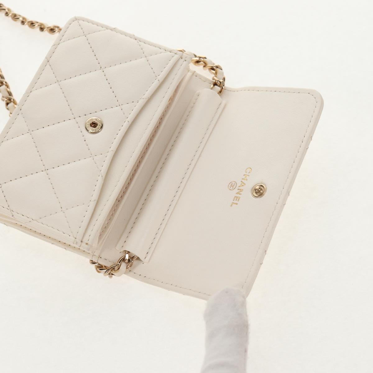CHANEL Matelasse Camellia Chain Pouch Lamb Skin White Gold CC Auth 146359V
