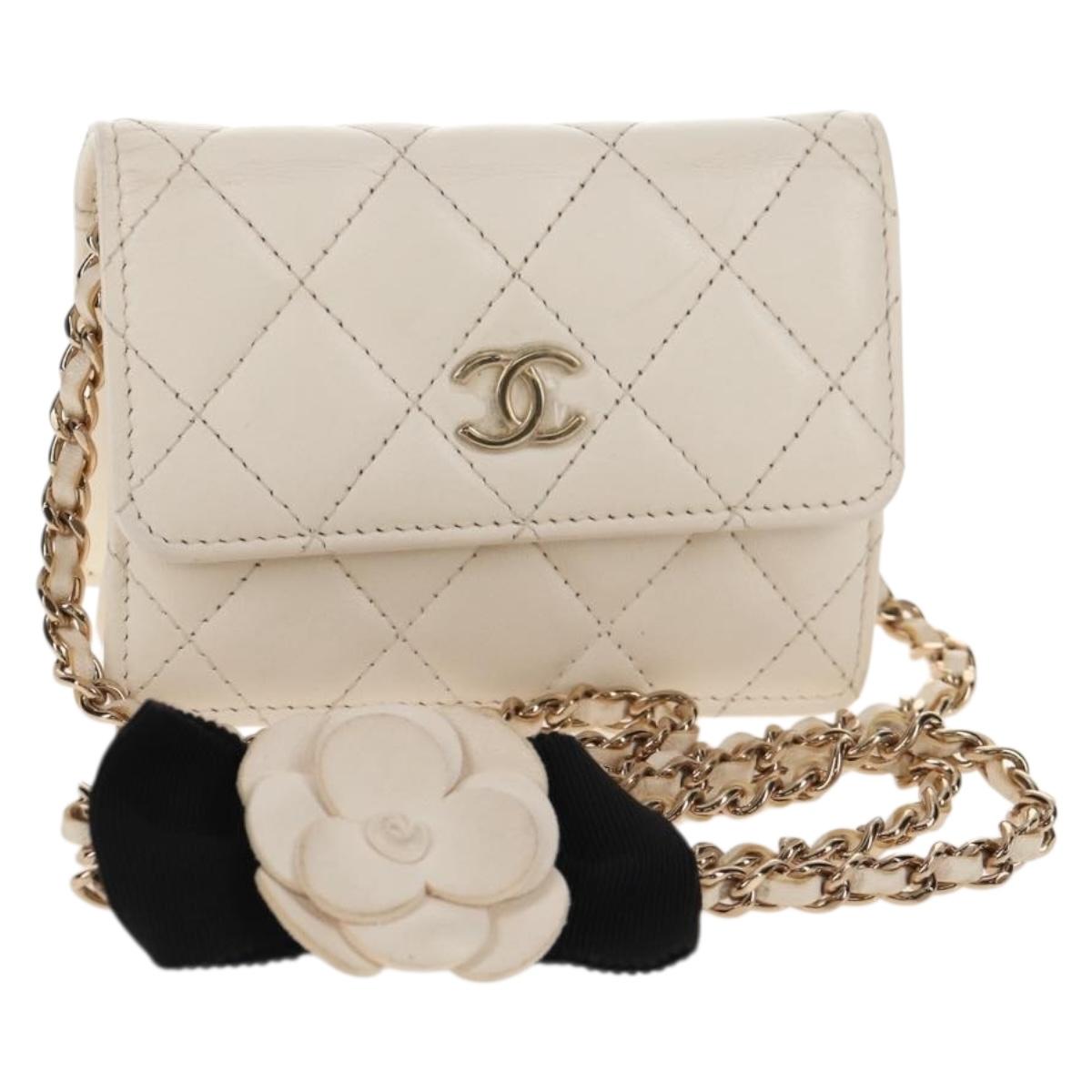 CHANEL Matelasse Camellia Chain Pouch Lamb Skin White Gold CC Auth 146359V
