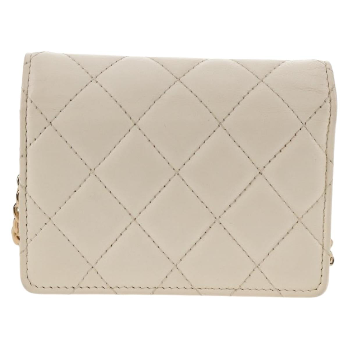 CHANEL Matelasse Camellia Chain Pouch Lamb Skin White Gold CC Auth 146359V
