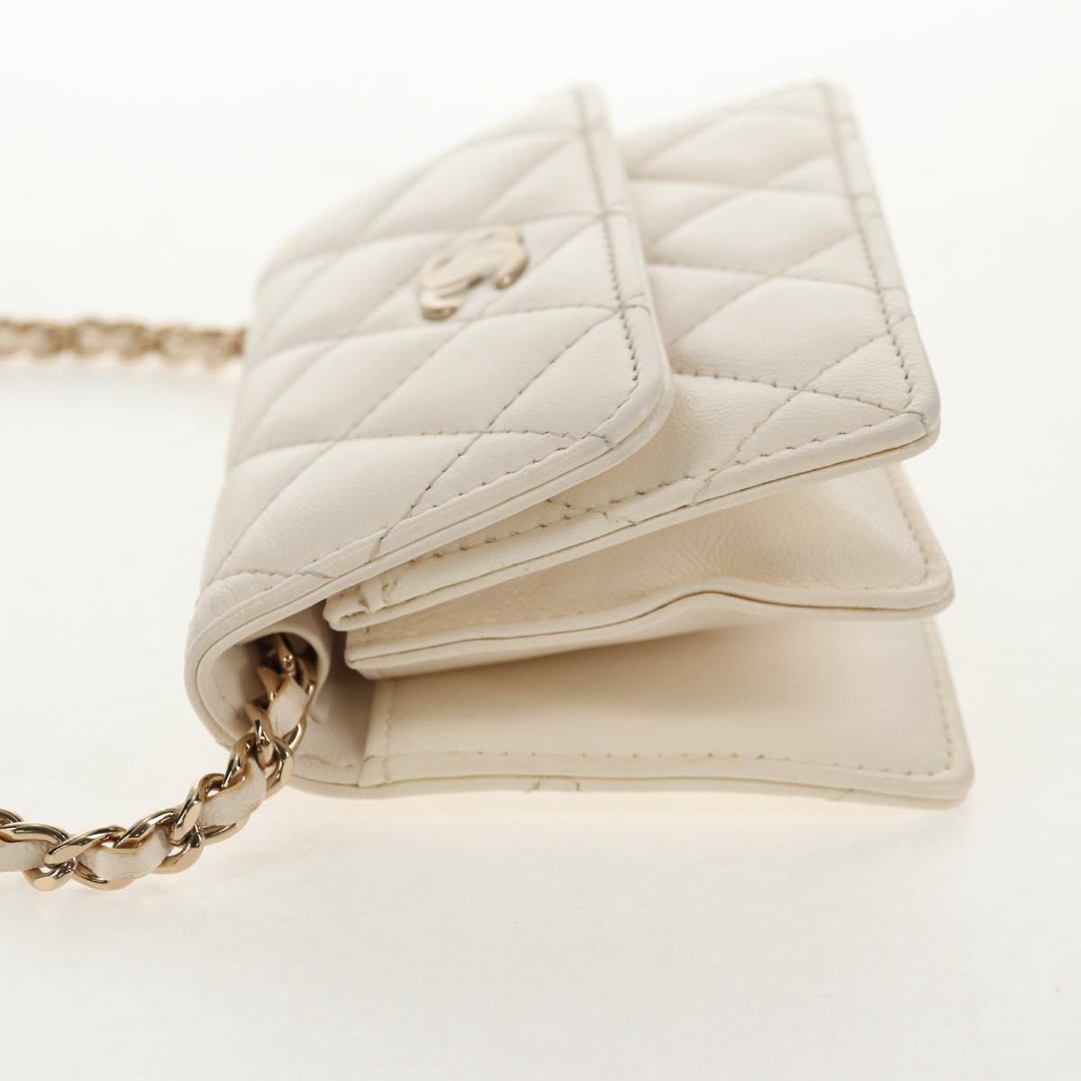 CHANEL Matelasse Camellia Chain Pouch Lamb Skin White Gold CC Auth 146359V