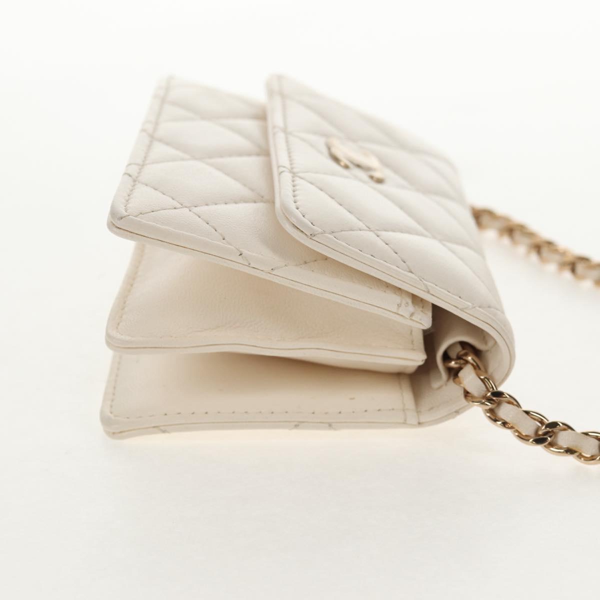 CHANEL Matelasse Camellia Chain Pouch Lamb Skin White Gold CC Auth 146359V