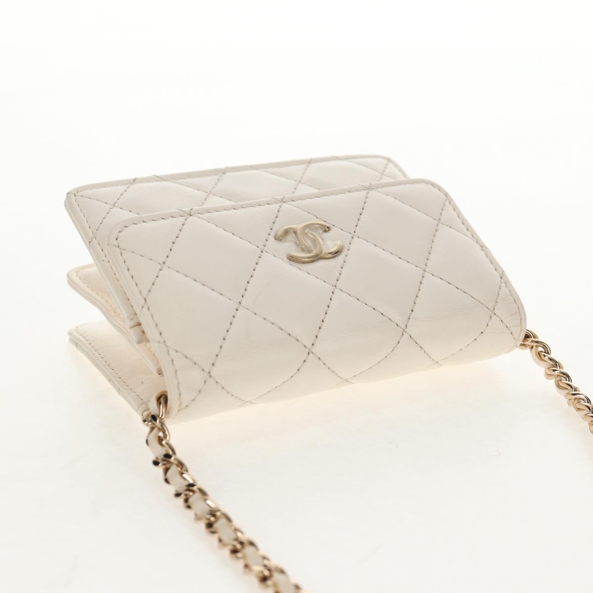 CHANEL Matelasse Camellia Chain Pouch Lamb Skin White Gold CC Auth 146359V