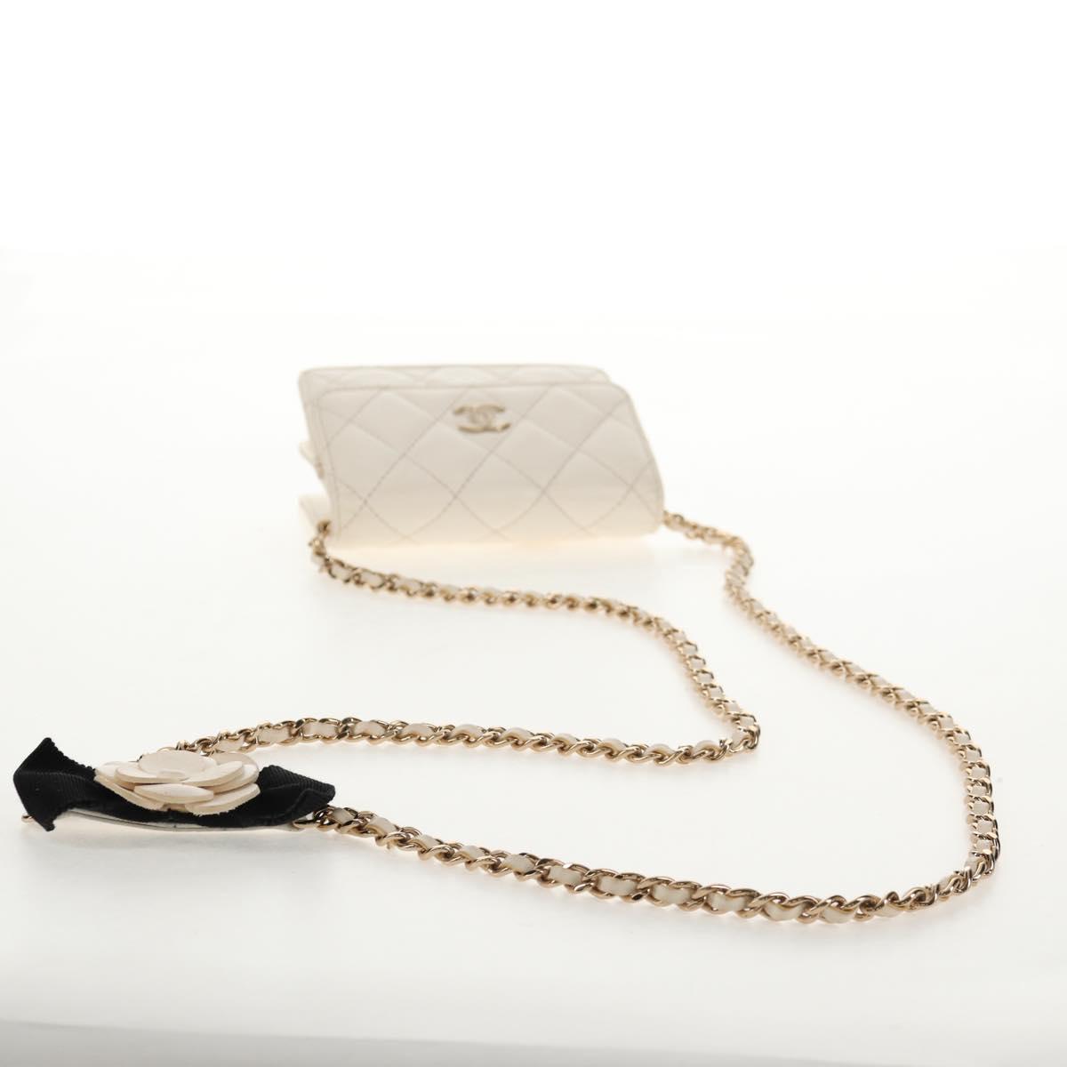 CHANEL Matelasse Camellia Chain Pouch Lamb Skin White Gold CC Auth 146359V