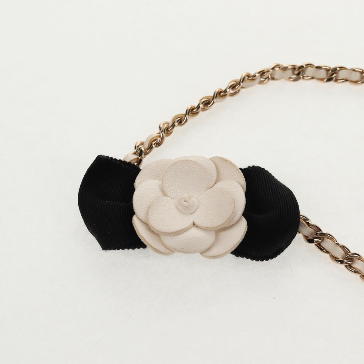 CHANEL Matelasse Camellia Chain Pouch Lamb Skin White Gold CC Auth 146359V