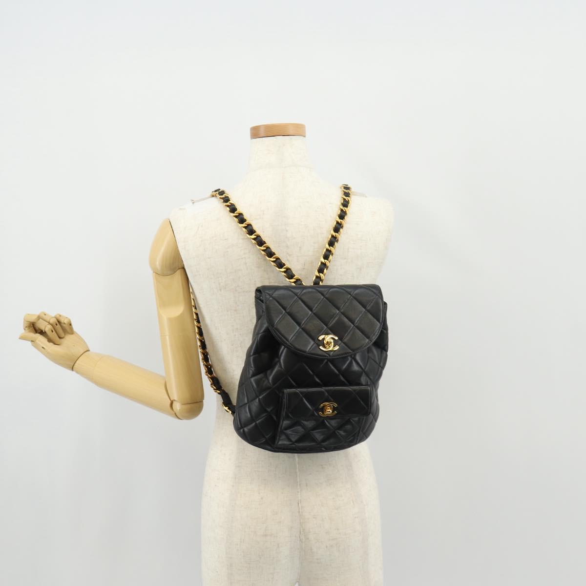 CHANEL Matelasse Chain Backpack Lamb Skin Black Gold CC Auth 146361AV