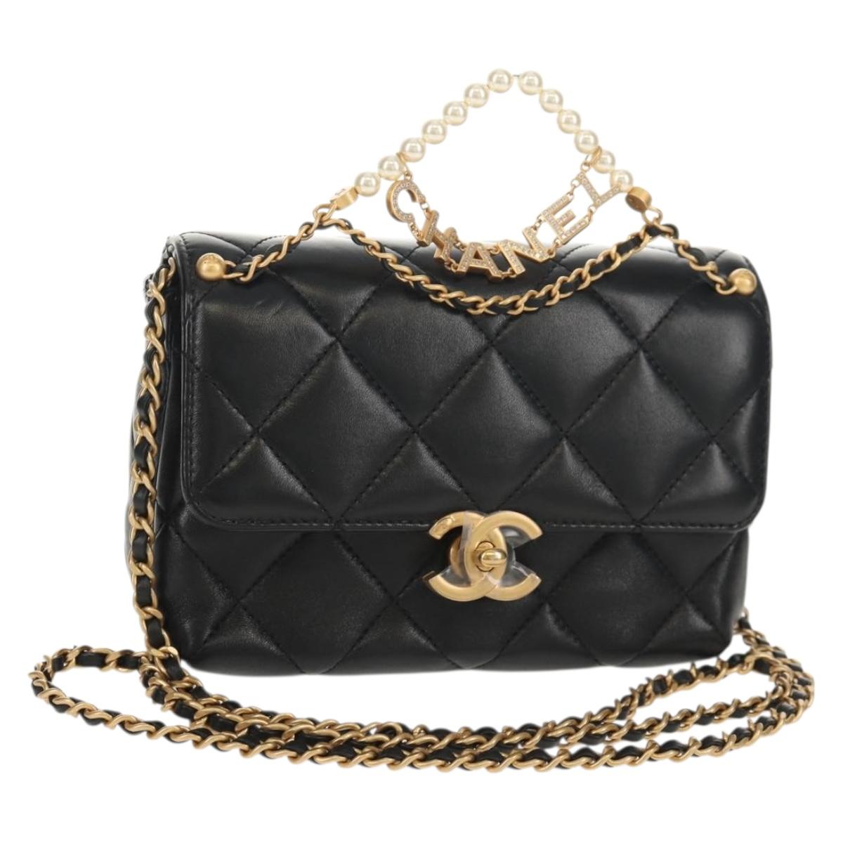 CHANEL Matelasse Pearl Charm Chain Bag Lamb Skin Black Gold CC Auth 146362SM