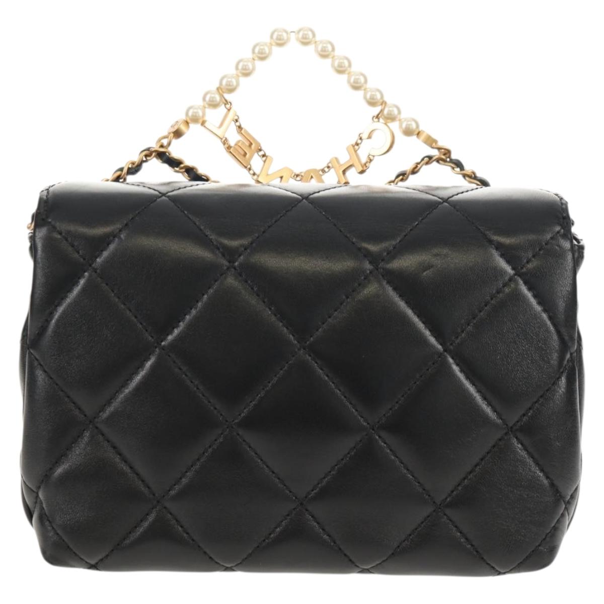 CHANEL Matelasse Pearl Charm Chain Bag Lamb Skin Black Gold CC Auth 146362SM