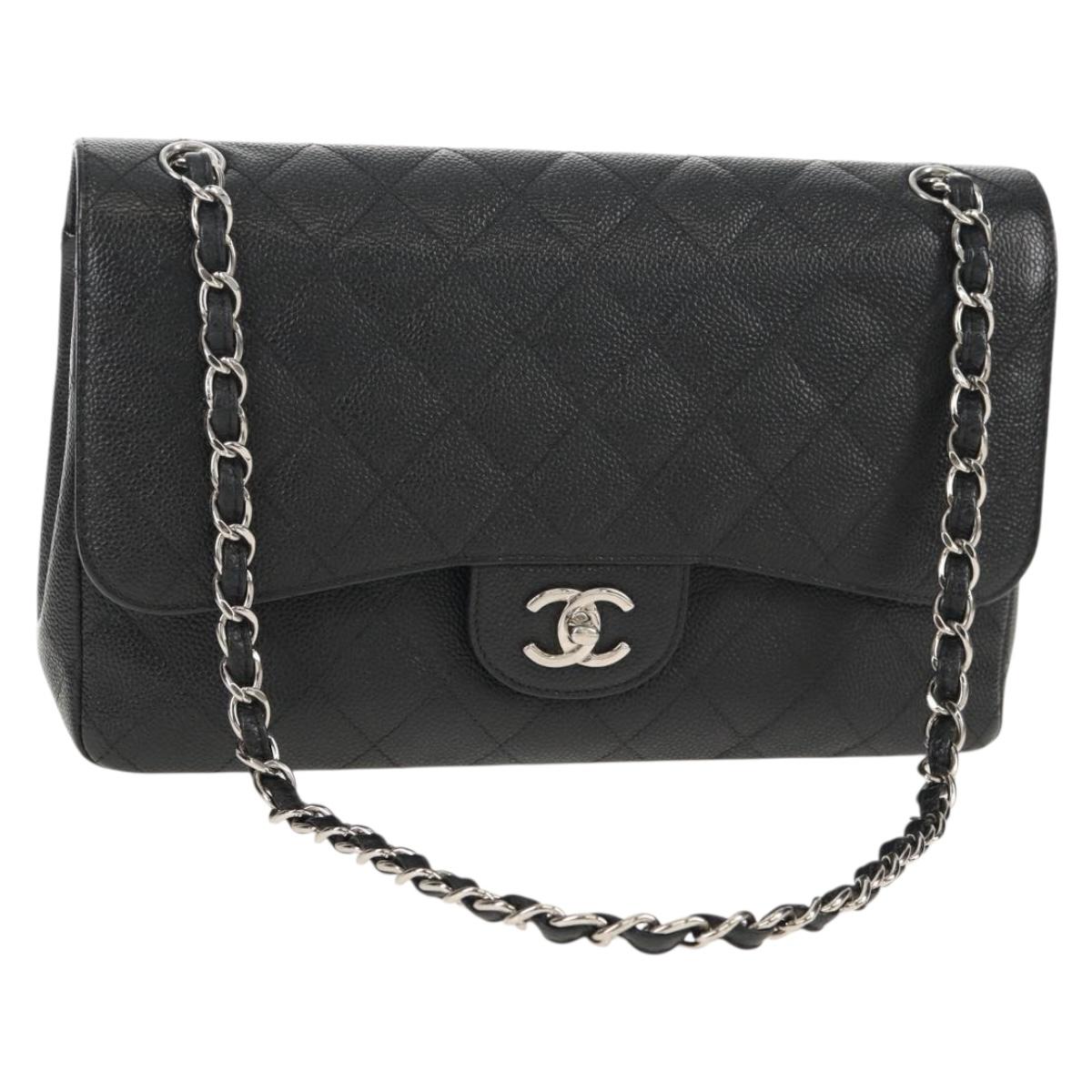 CHANEL Matelasse 30 Double Flap Chain Bag Caviar Skin Black CC Auth 146363SM