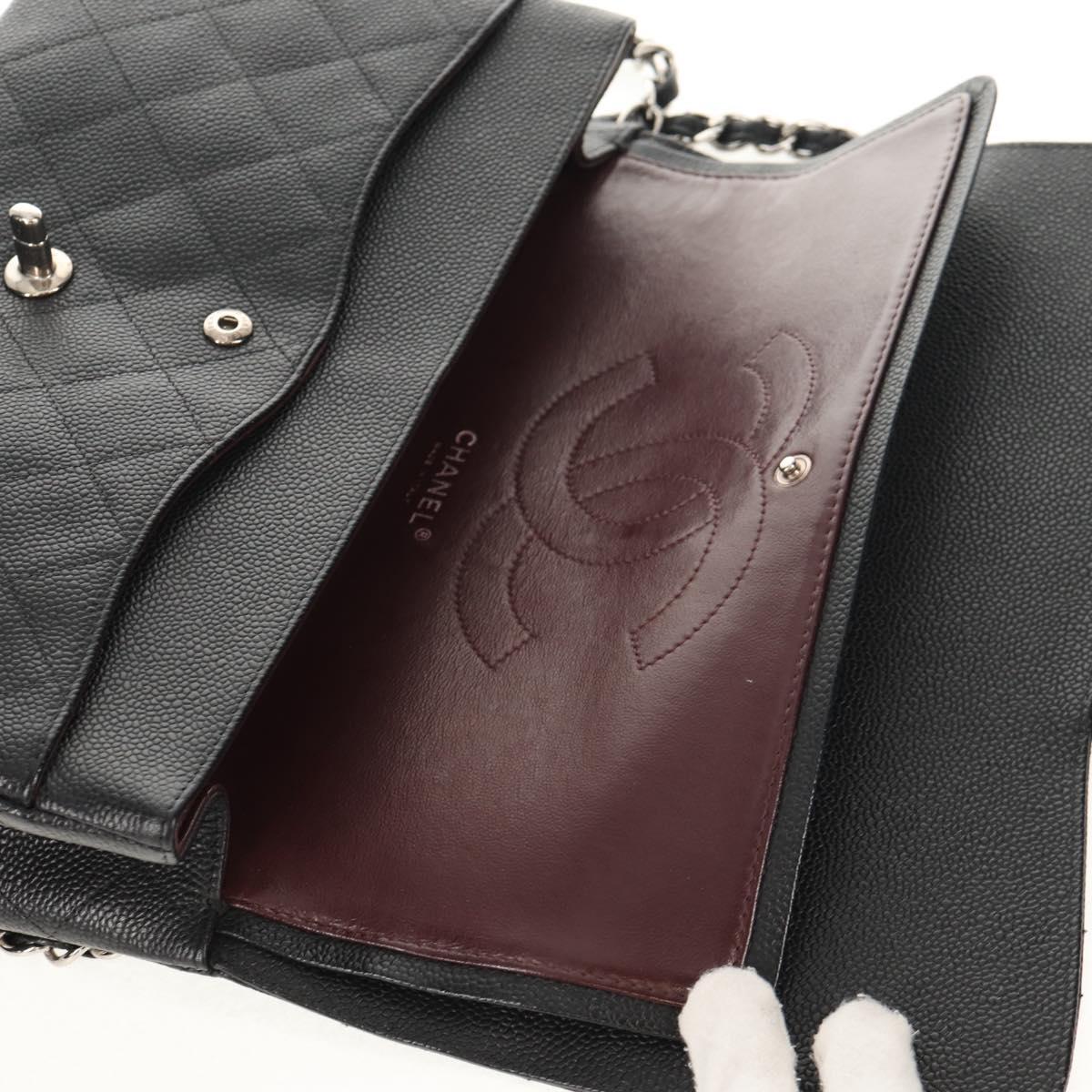 CHANEL Matelasse 30 Double Flap Chain Bag Caviar Skin Black CC Auth 146363SM