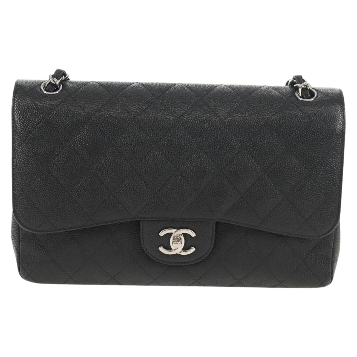 CHANEL Matelasse 30 Double Flap Chain Bag Caviar Skin Black CC Auth 146363SM