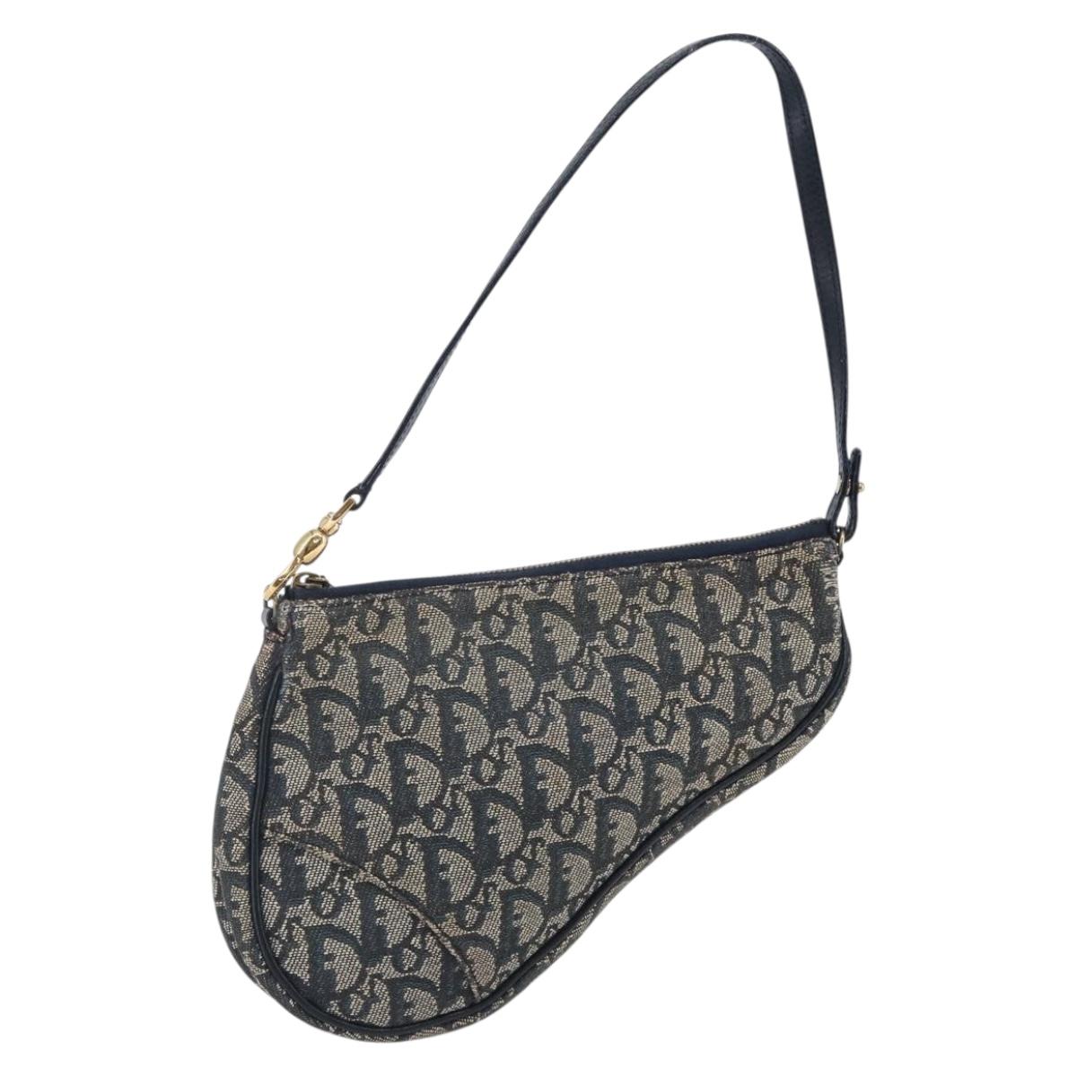 Christian Dior Trotter Canvas Saddle Pouch Navy Gold Auth 146367