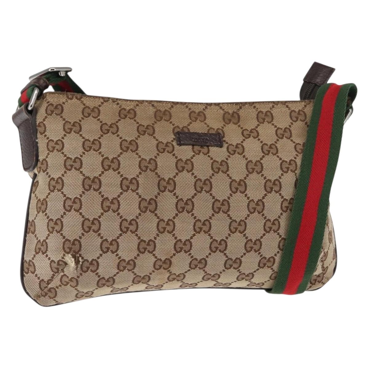 GUCCI GG Canvas Web Sherry Line Shoulder Bag Beige Silver 189749 Auth 146417