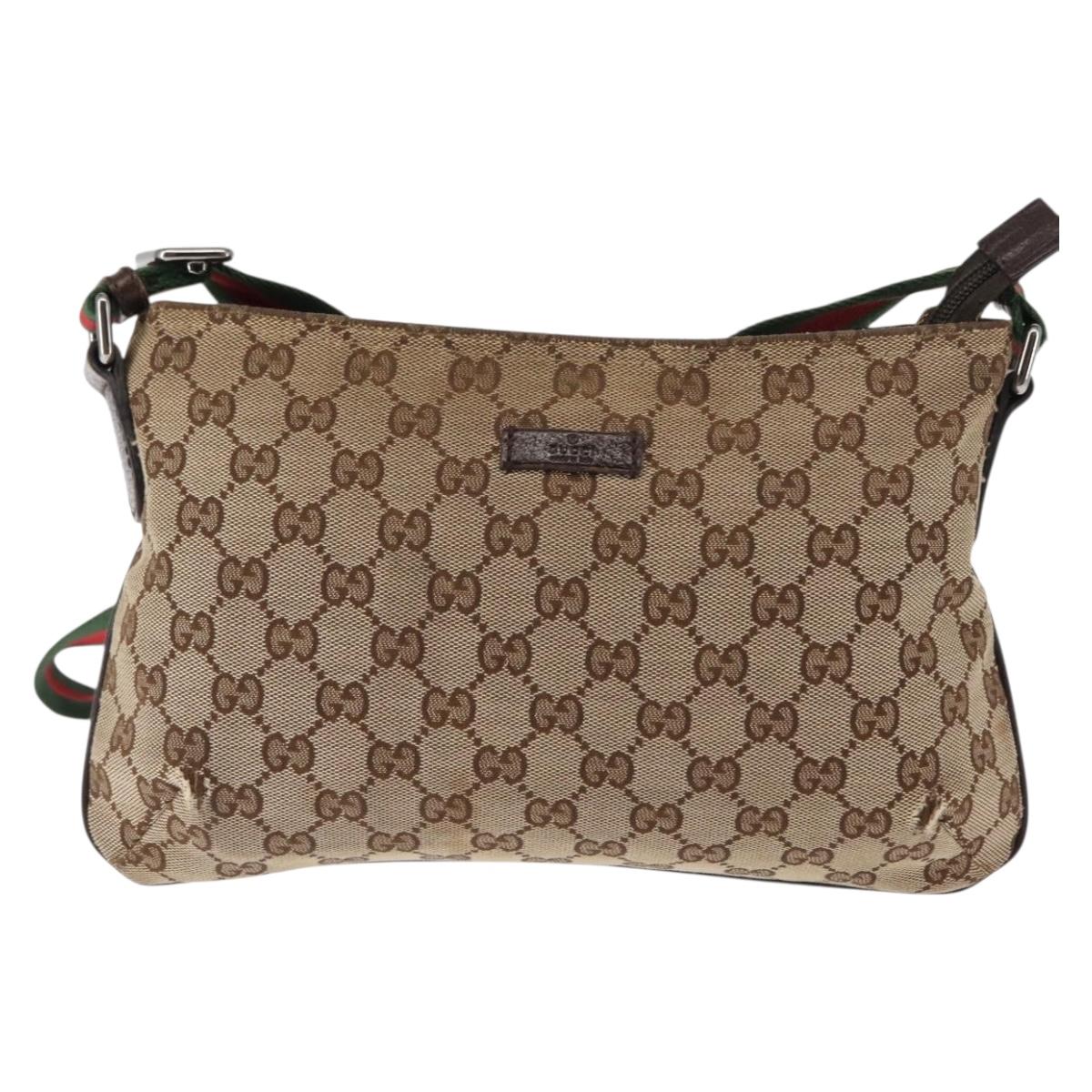 GUCCI GG Canvas Web Sherry Line Shoulder Bag Beige Silver 189749 Auth 146417