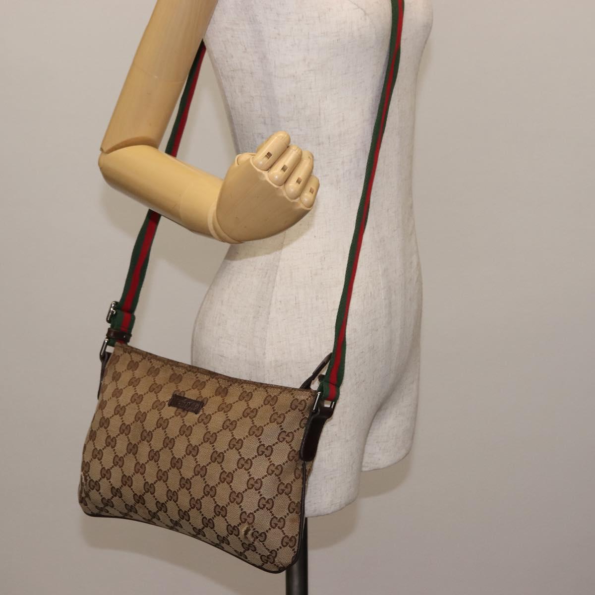 GUCCI GG Canvas Web Sherry Line Shoulder Bag Beige Silver 189749 Auth 146417