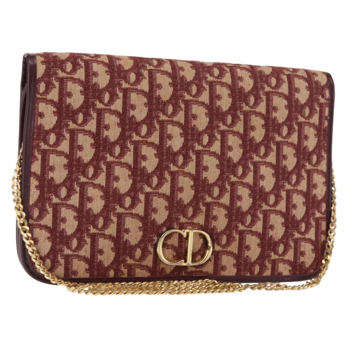 Christian Dior Trotter Canvas Chain Shoulder Bag Red Gold Auth 146424